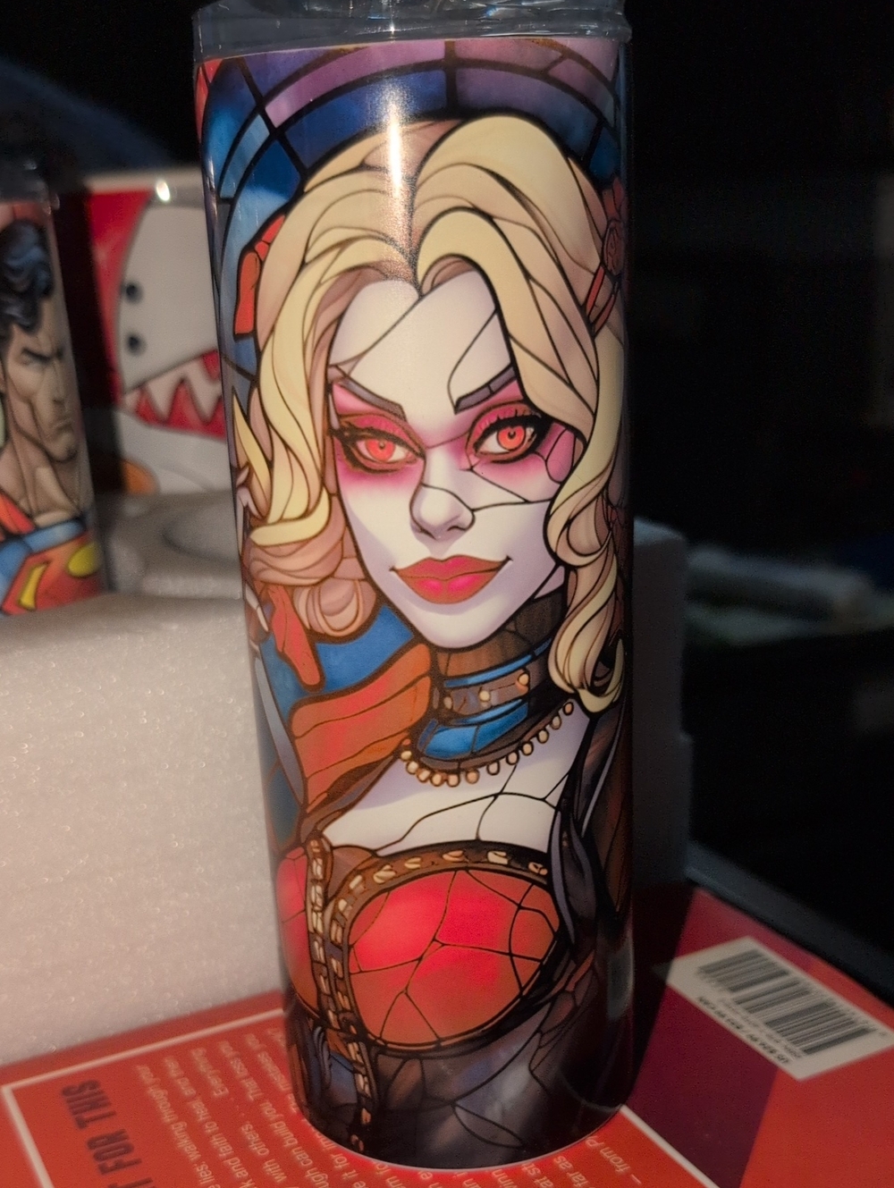 Stained Glass Comic Art Skinny Tumbler 20 oz Blonde Anti-Hero Red Blue Lid Straw